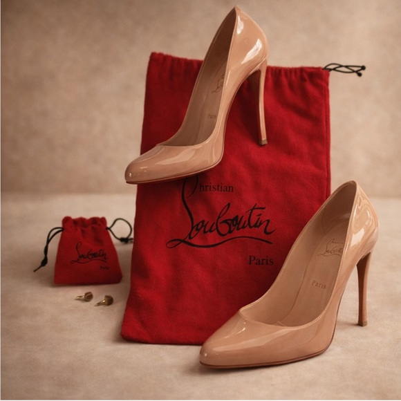 Christian Louboutin Shoes - CHRISTIAN LOUBOUTIN Nude Patent Leather Pumps Red Sole Heels 37.5